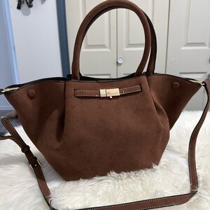 Brown Suede Shoulder Bag with Gold Hardware